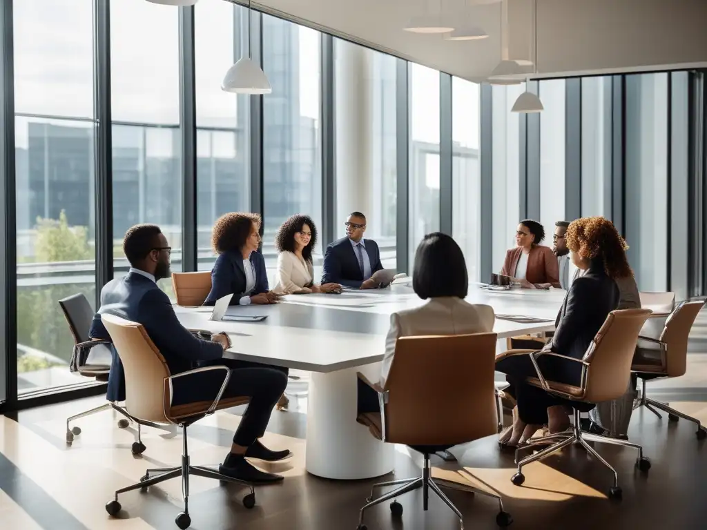 Reunión colaborativa con profesionales diversos destacando habilidades blandas para liderazgo y desarrollo de carrera