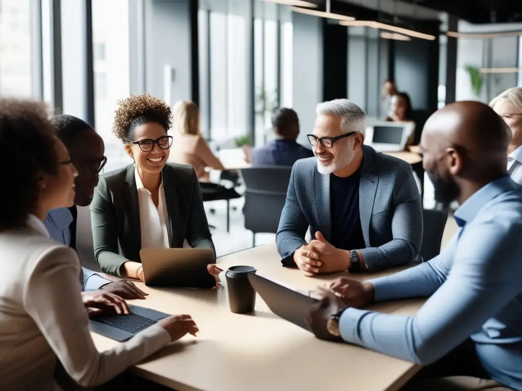 Profesionales diversos discutiendo en oficina moderna