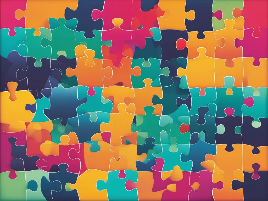 Importancia de habilidades blandas en el trabajo: puzzle abstracto y vibrante que representa la colaboración exitosa y el crecimiento profesional