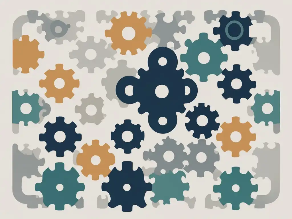 Trabajo en equipo: engranajes interconectados Habilidades blandas para responsabilidad social: imagen de puzzle abstracto que simboliza trabajo en equipo y colaboración