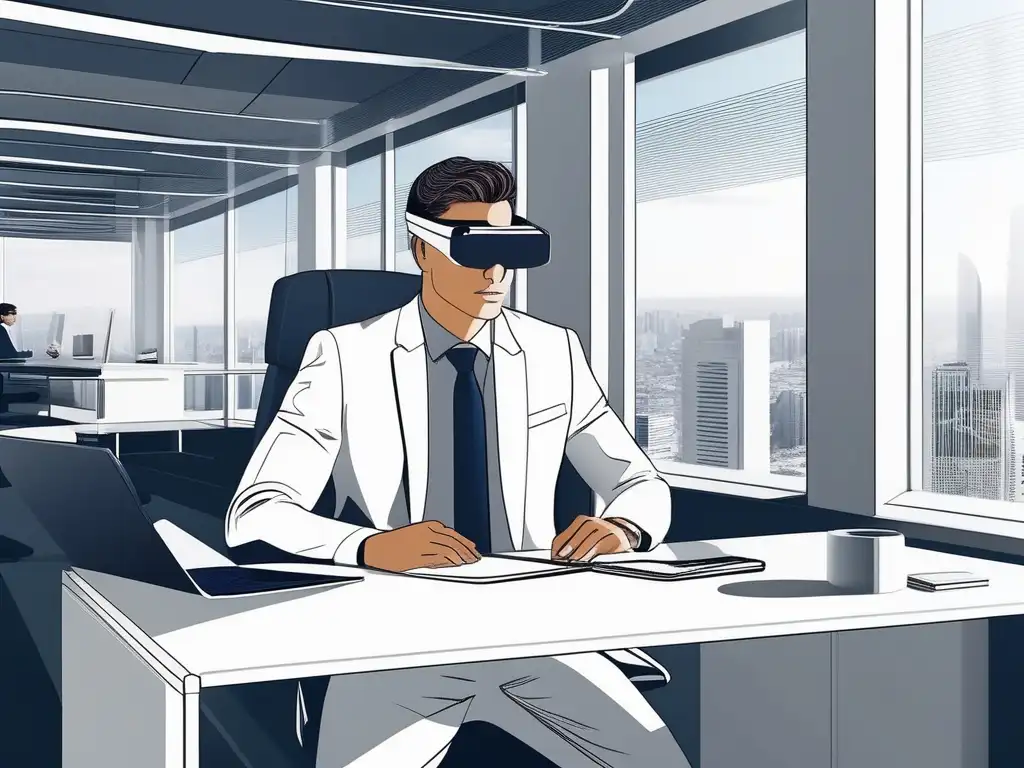 Persona usando gafas de realidad aumentada en oficina futurista