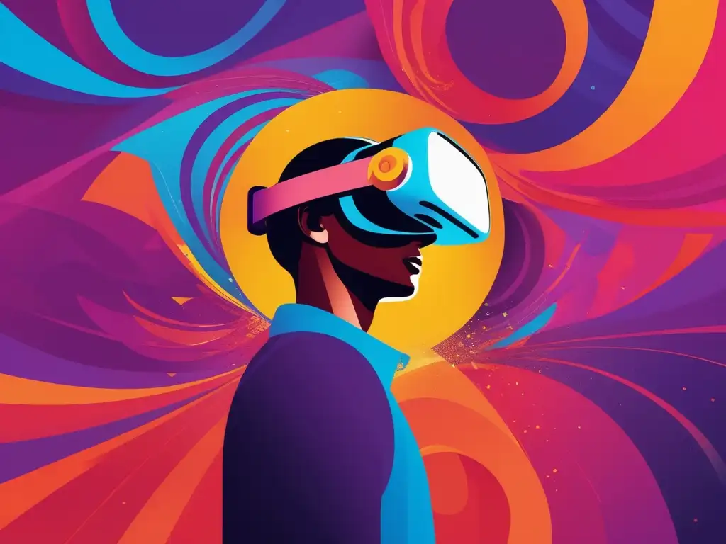Persona inmersa en realidad virtual con emociones abstractas Persona en VR rodeada de colores y formas abstractas que representan la inteligencia emocional