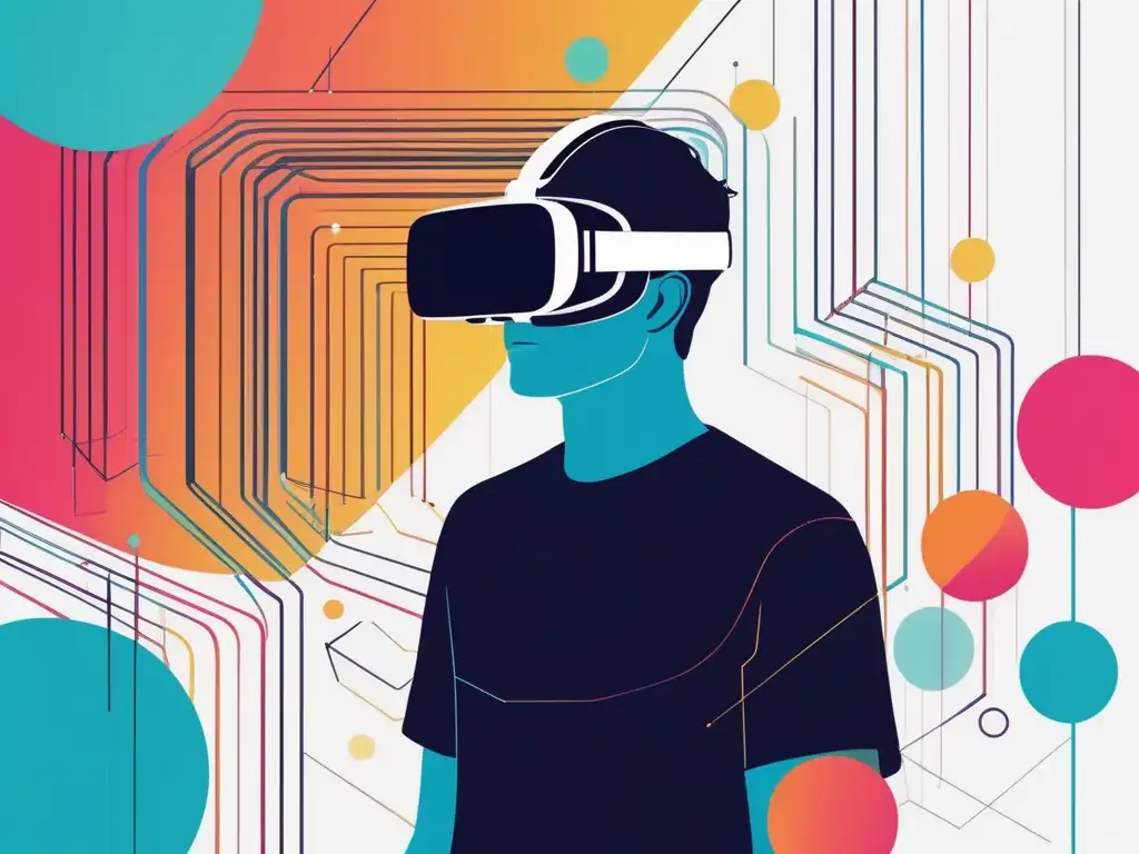 Persona inmersa en realidad virtual Persona usando auriculares de realidad virtual rodeada de líneas y formas vibrantes que representan habilidades blandas en realidad aumentada