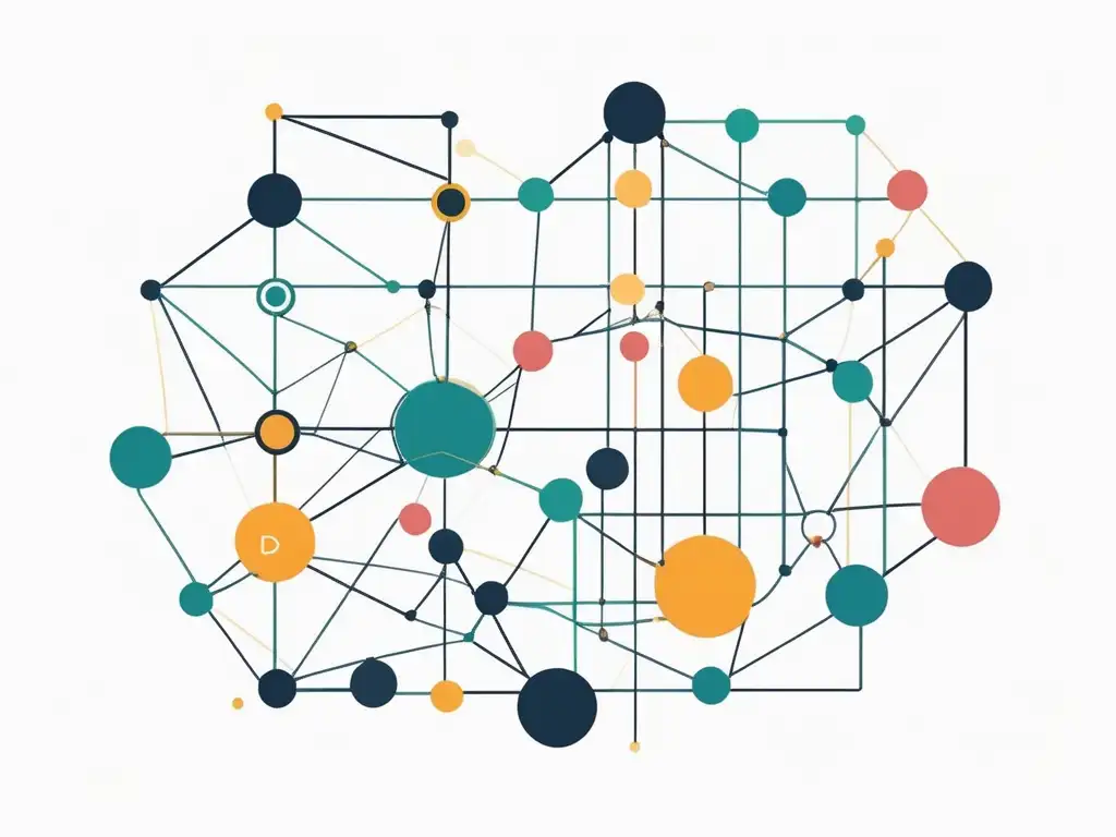 Importancia del networking para expandir mercado: red minimalista y abstracta con líneas y nodos interconectados en formas geométricas de colores