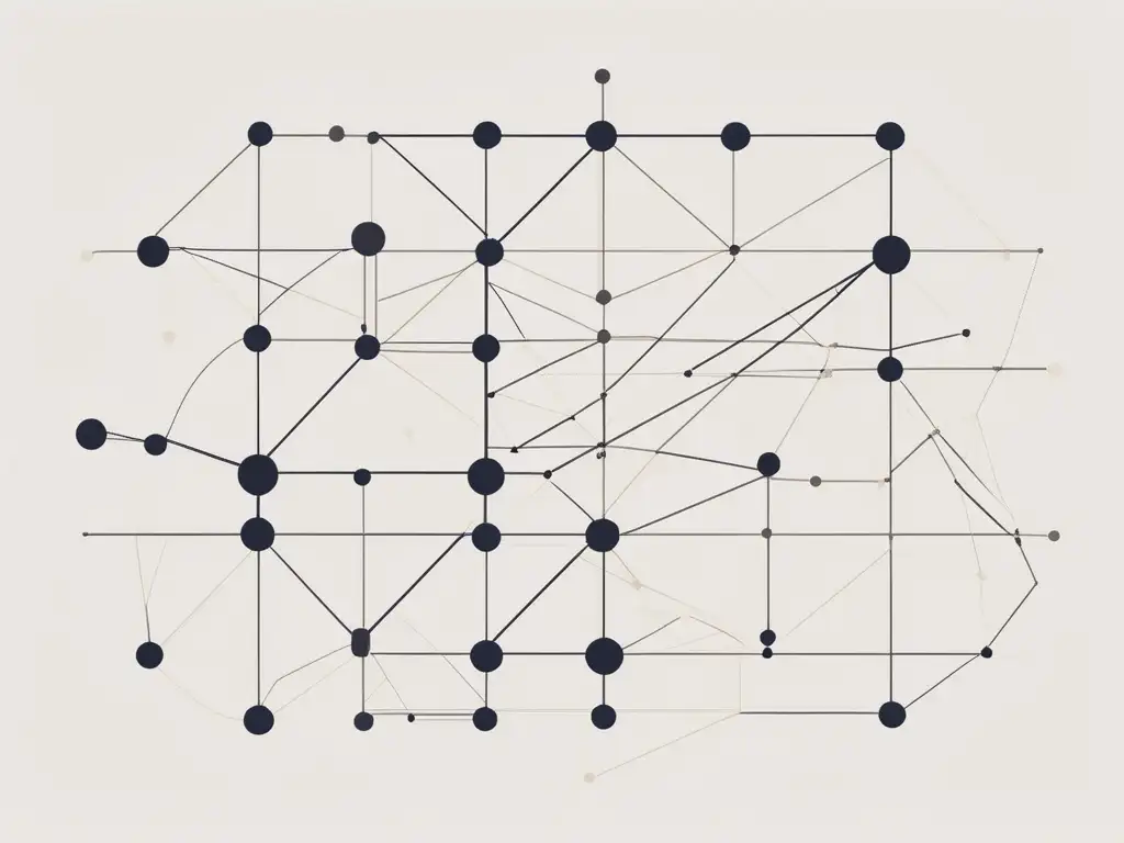 Estrategias networking inversores: imagen abstracta minimalista, líneas y nodos interconectados simbolizando relaciones y conexiones, estética moderna