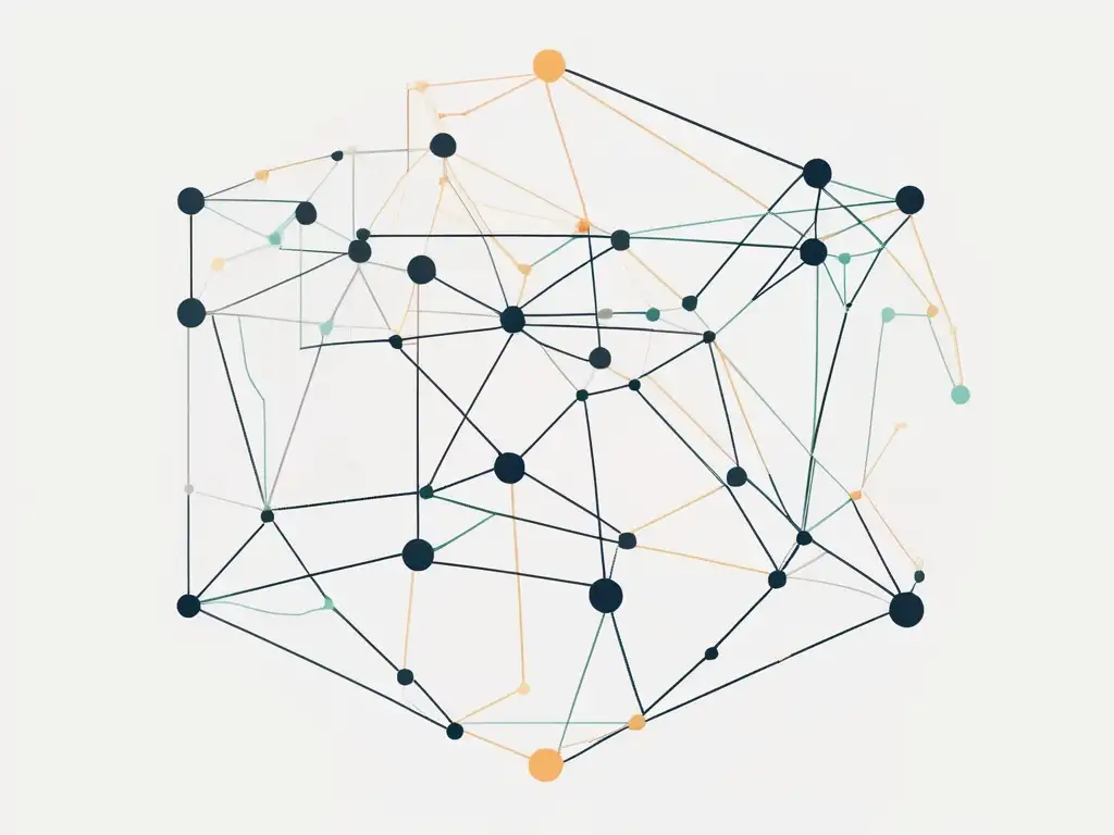 Red de líneas y nodos que representan habilidades de networking efectivo en eventos de negocios