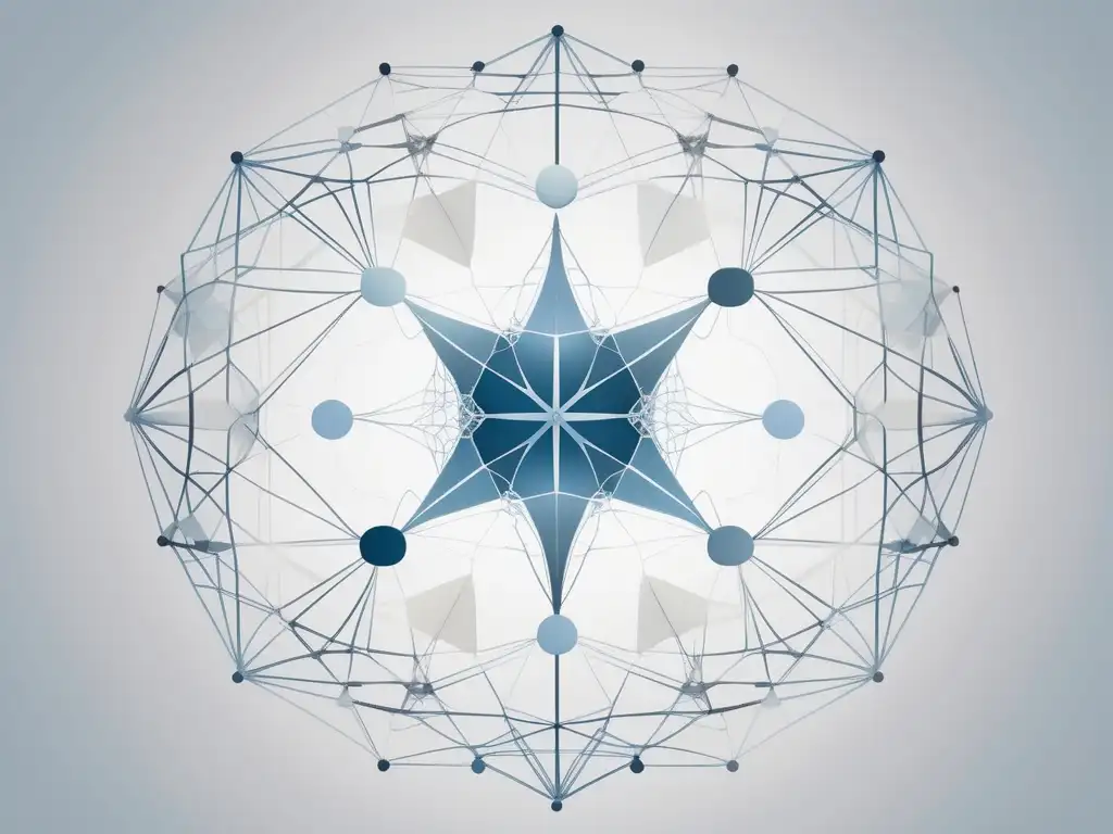 Neurociencia del trabajo en equipo: red minimalista de neuronas interconectadas en una composición simétrica y colores suaves