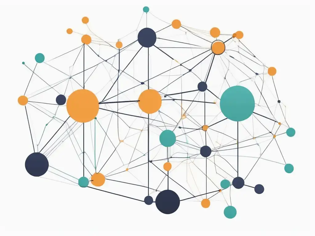 Solución de conflictos en teletrabajo: red de líneas y nodos que representan la colaboración y resolución en un entorno virtual