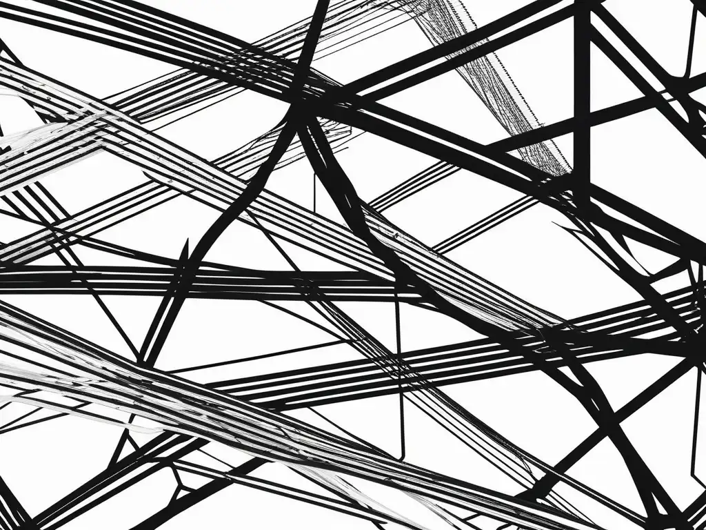 Importancia de las habilidades blandas en dilemas éticos: una imagen abstracta y minimalista que representa una red enredada de líneas y nodos, simbolizando la complejidad de los dilemas éticos