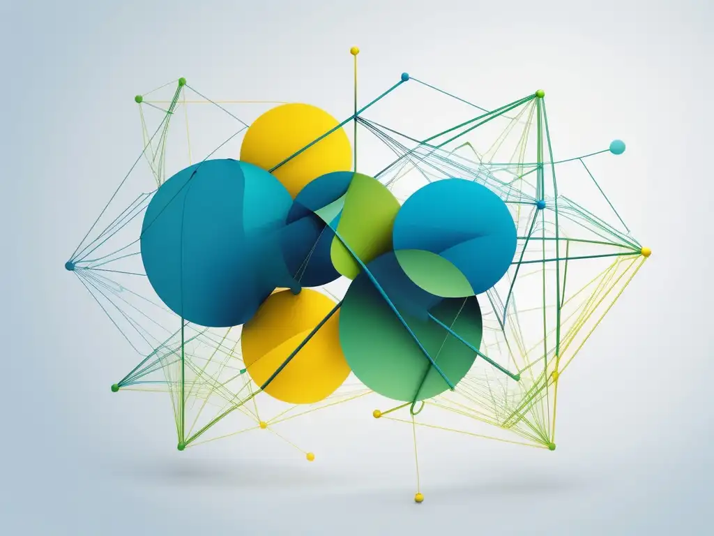 Habilidades blandas colaboración virtual: formas geométricas interconectadas en tonos vibrantes de azul, verde y amarillo