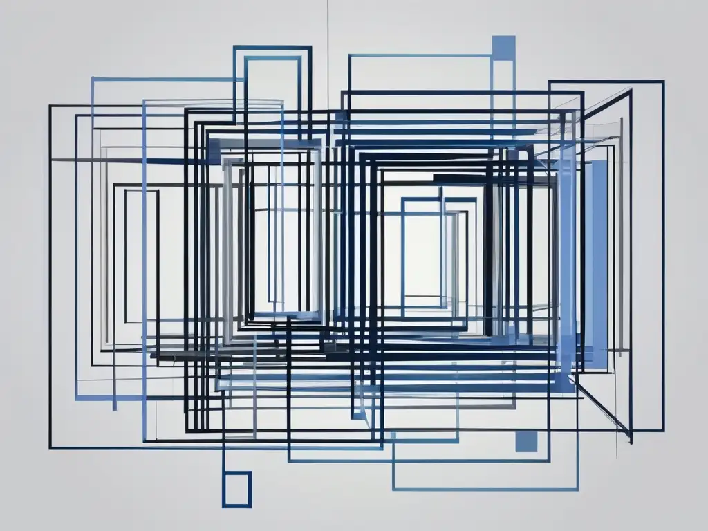 Red virtual enredada en tonos azules y grises Tangled network of lines and shapes in blue and gray, symbolizing virtual communication challenges