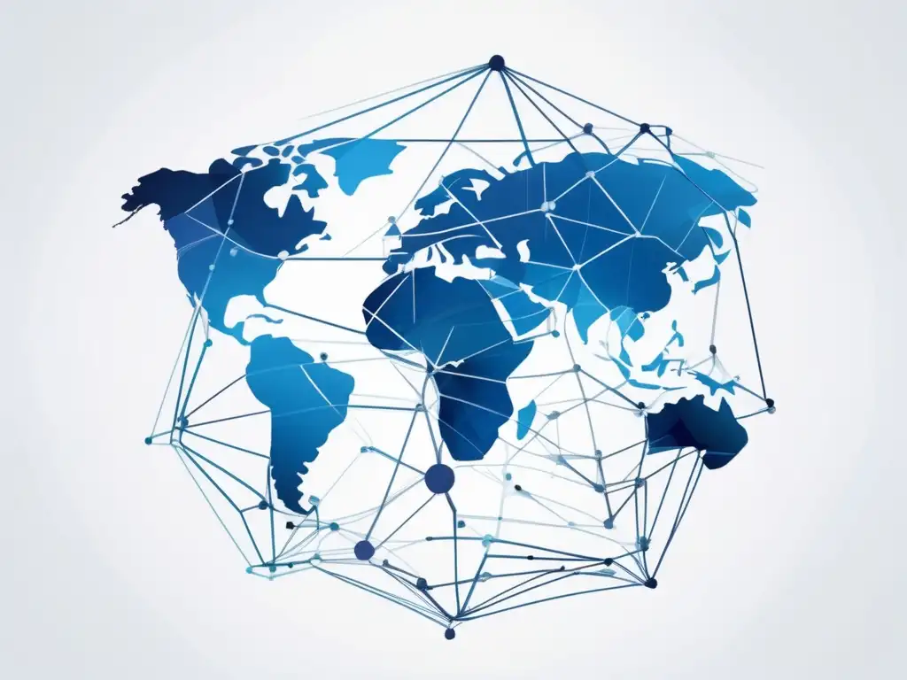 Importancia habilidades blandas internacional: redes globales interconectadas, formas geométricas azules, fondo blanco