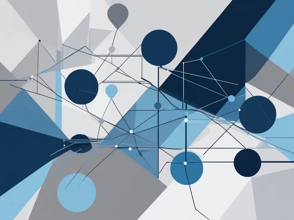 Importancia habilidades blandas toma decisiones: red abstracta simbolizando interconexiones y formas en tonos de azul y gris