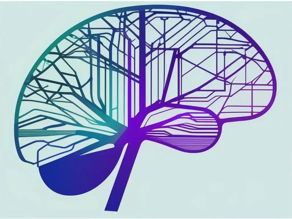 Neurociencia creativa en equipos: cerebro humano abstracto con líneas y formas vibrantes en tonos azules, morados y verdes