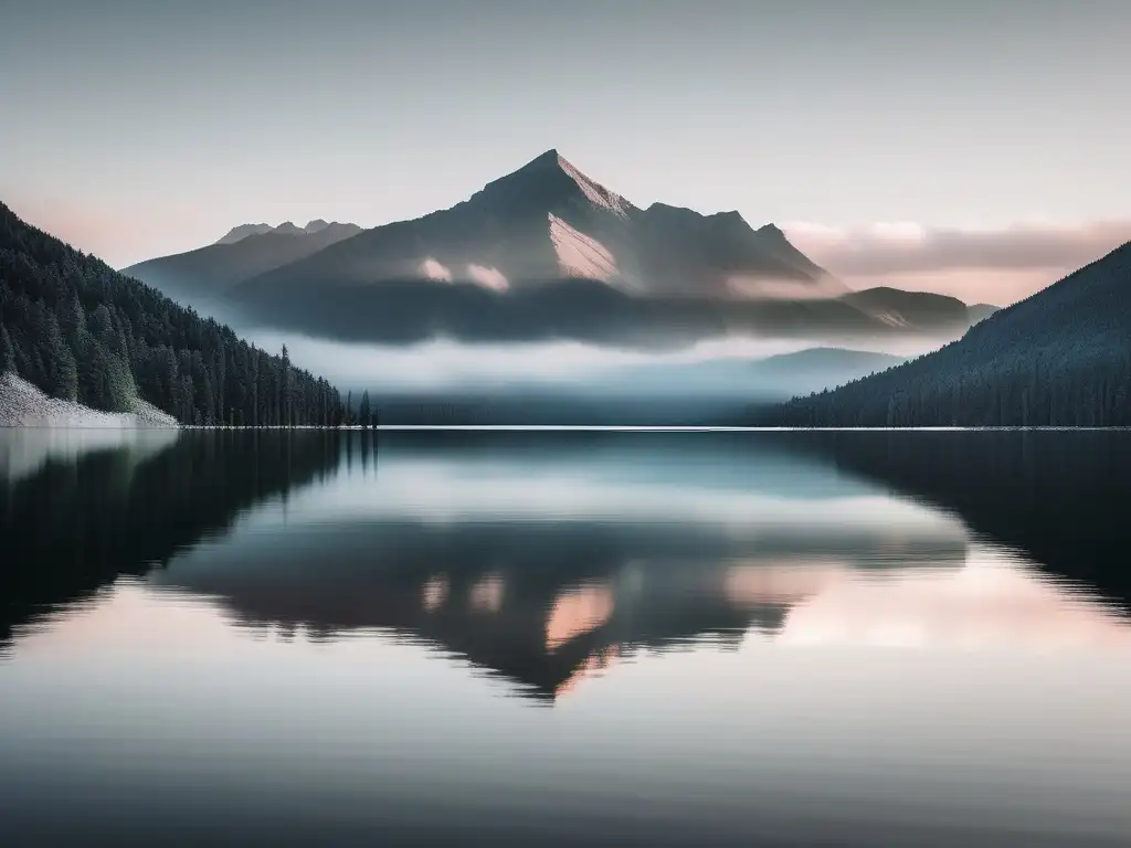 Sereno lago rodeado de montañas, reflejando su perfección en el agua