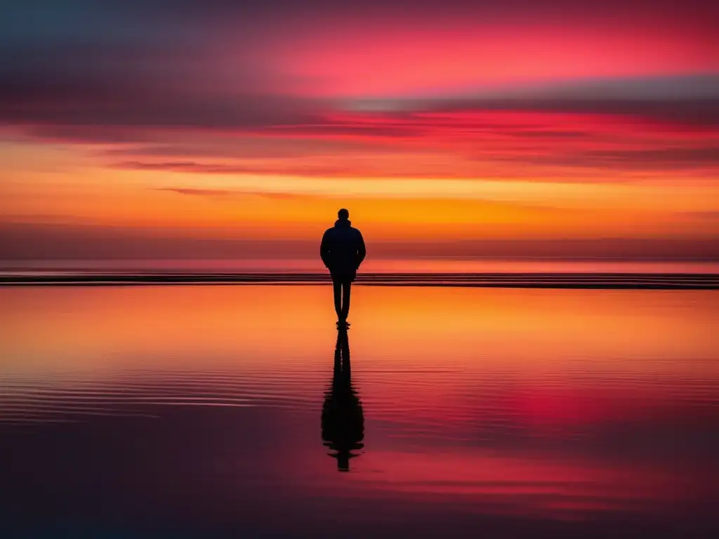 Importancia habilidades blandas vida personal: figura frente al mar, reflejo del atardecer, balance y armonía