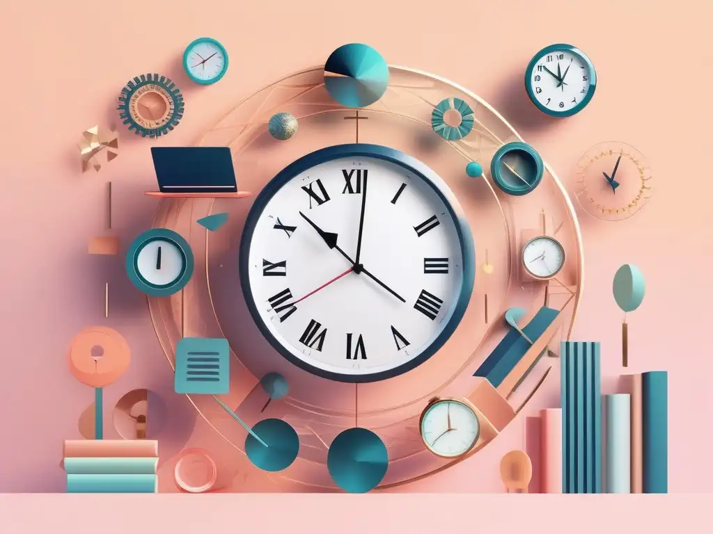 Gestión del tiempo en teletrabajo Reloj minimalista simbolizando la gestión del tiempo en teletrabajo, rodeado de distracciones como laptop y teléfono