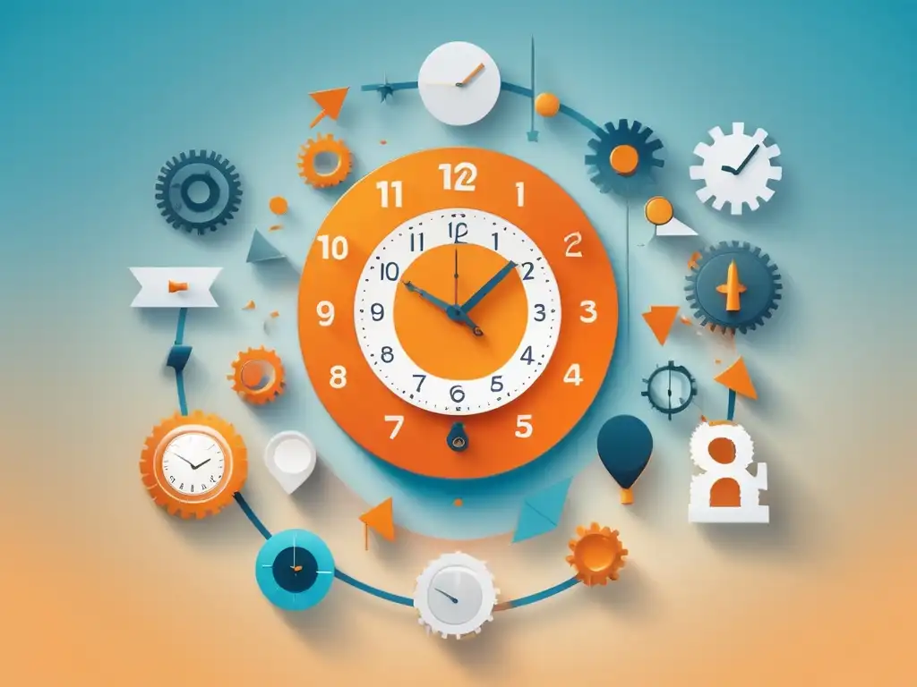 Habilidades blandas en la gestión del tiempo: reloj abstracto con símbolos de habilidades, fondo degradado de azul a naranja