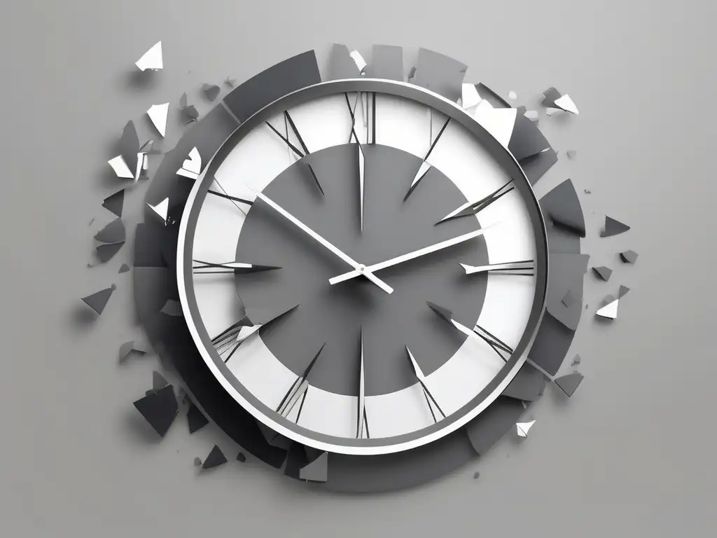 Efectos de la procrastinación en relaciones: imagen abstracta de un reloj roto, representando la fragmentación causada por la procrastinación