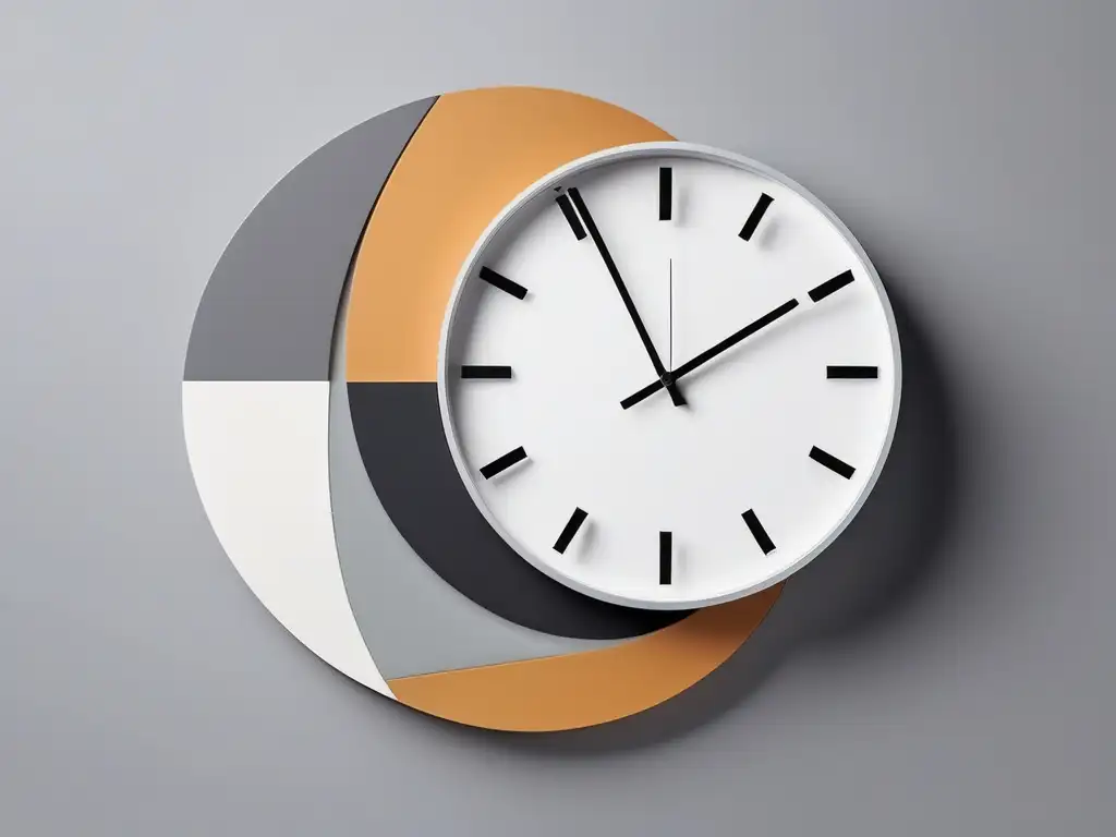 Reloj minimalista con formas geométricas abstractas, manos congeladas y paleta de colores profesional y calmante