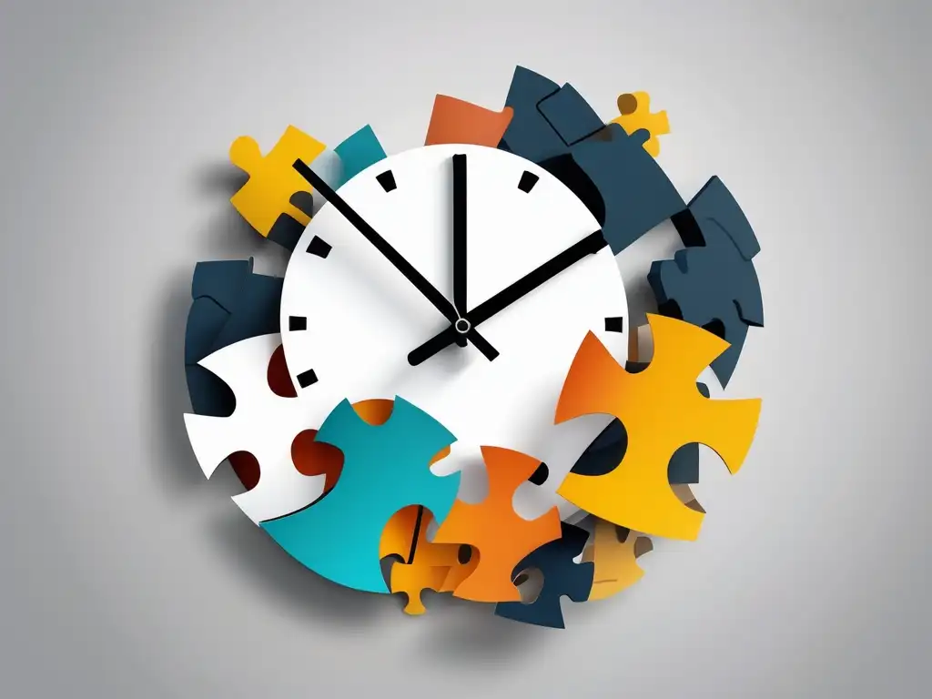 Consejos para evitar la procrastinación: imagen de un reloj abstracto con piezas de rompecabezas dispersas