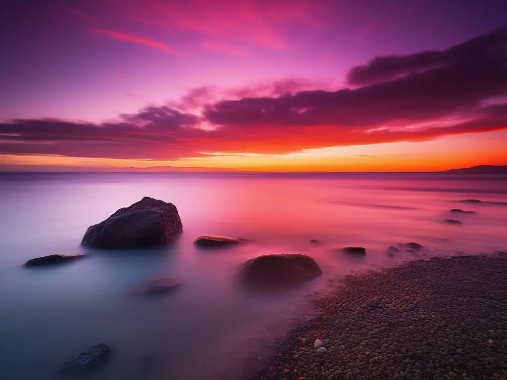 Resiliencia laboral contra negatividad: Mar sereno al atardecer, roca única, colores vibrantes, concepto claro y abstracto