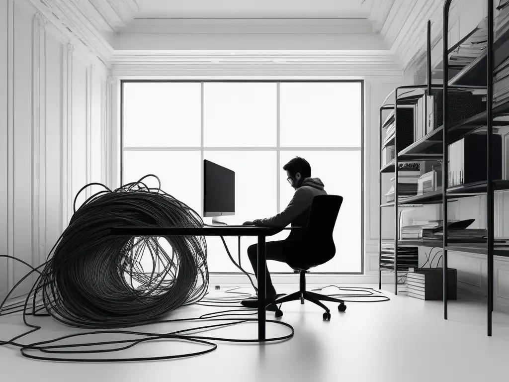 Resiliencia en el teletrabajo: figura solitaria en un escritorio minimalista rodeada de cables y dispositivos tecnológicos