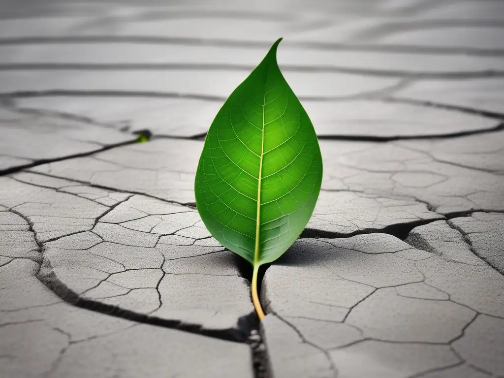 Resiliencia en el ambiente laboral: hoja verde emergiendo de una superficie de concreto agrietado