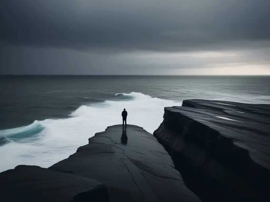 Figura solitaria enfrentando el mar tormentoso, representando motivación en momentos difíciles