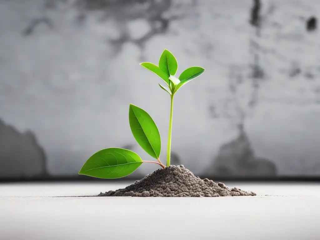 Importancia resiliencia en negocios: semilla emergiendo de muro de concreto, verde vibrante