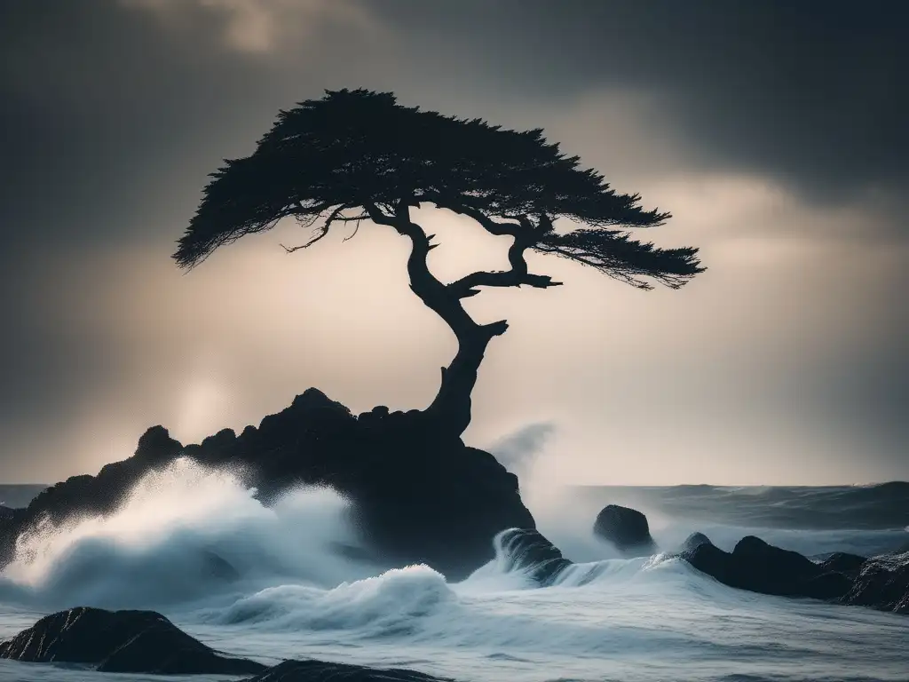 Importancia de la resiliencia en crisis: árbol solitario en mar tormentoso