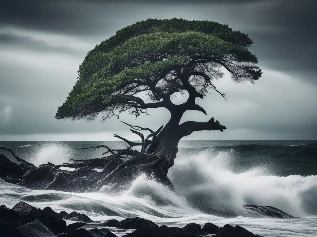 Mejorar resiliencia frente estrés financiero con árbol de roble en tormenta