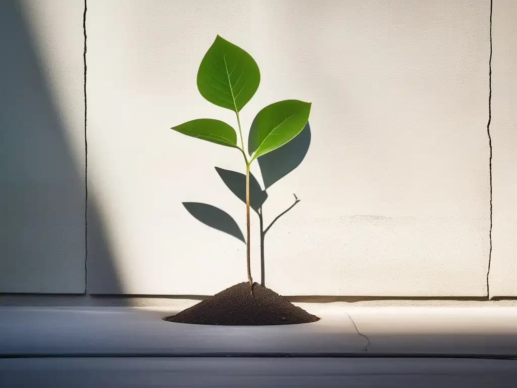 Un brote verde emergiendo de una grieta en una pared de concreto, simbolizando la resiliencia en el desarrollo infantil