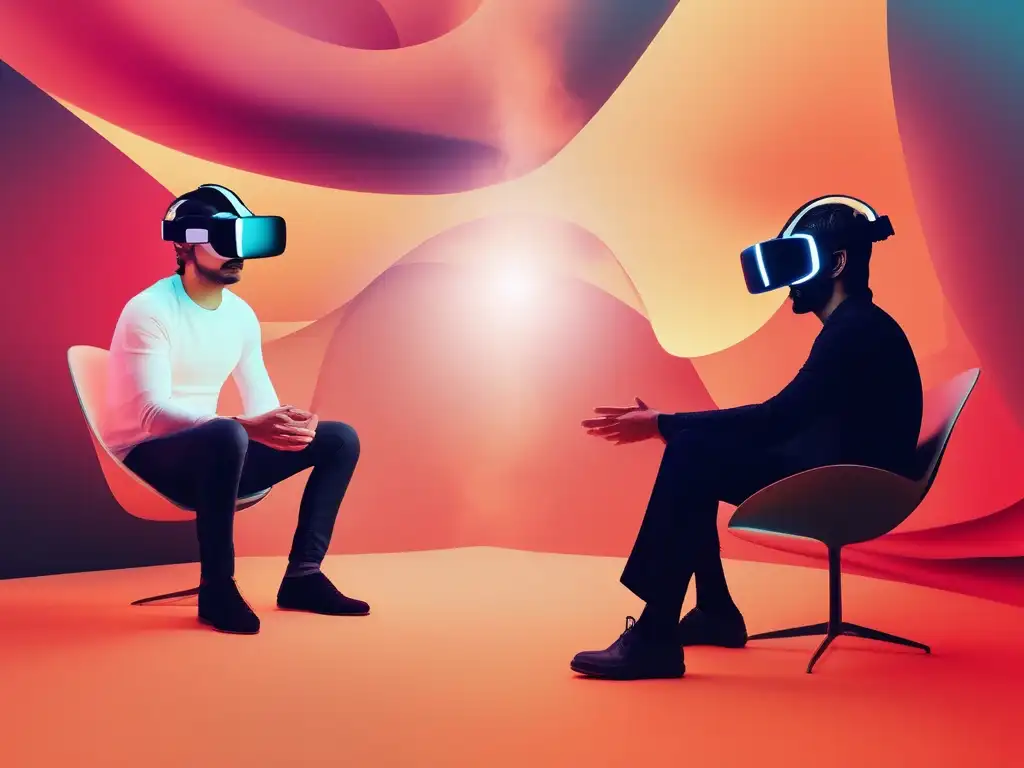 Resolución de conflictos en realidad virtual Realidad Virtual en conflicto: dos individuos resolviendo conflictos en un entorno surrealista