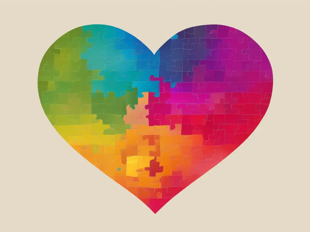 Importancia empatía en salud mental: puzzle corazón con piezas coloridas simbolizando inclusión y igualdad