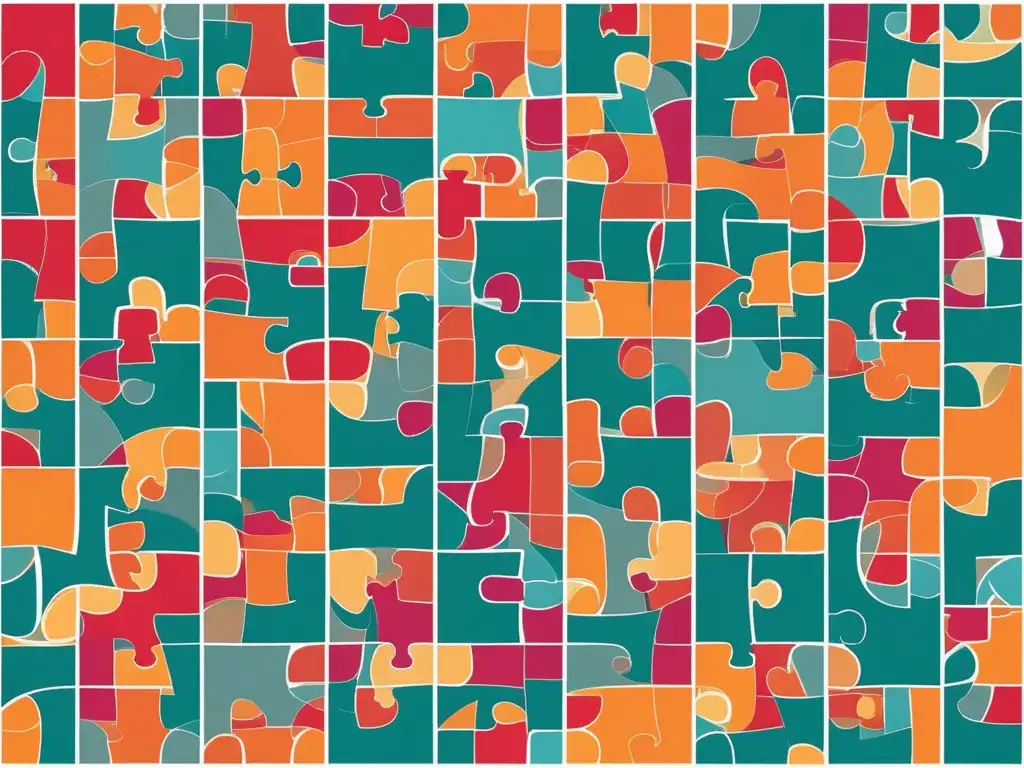 Habilidades blandas para el cambio laboral futuro: puzzle de piezas interconectadas, coloridas y armoniosas, simbolizando la diversidad y la importancia de las habilidades blandas en el trabajo