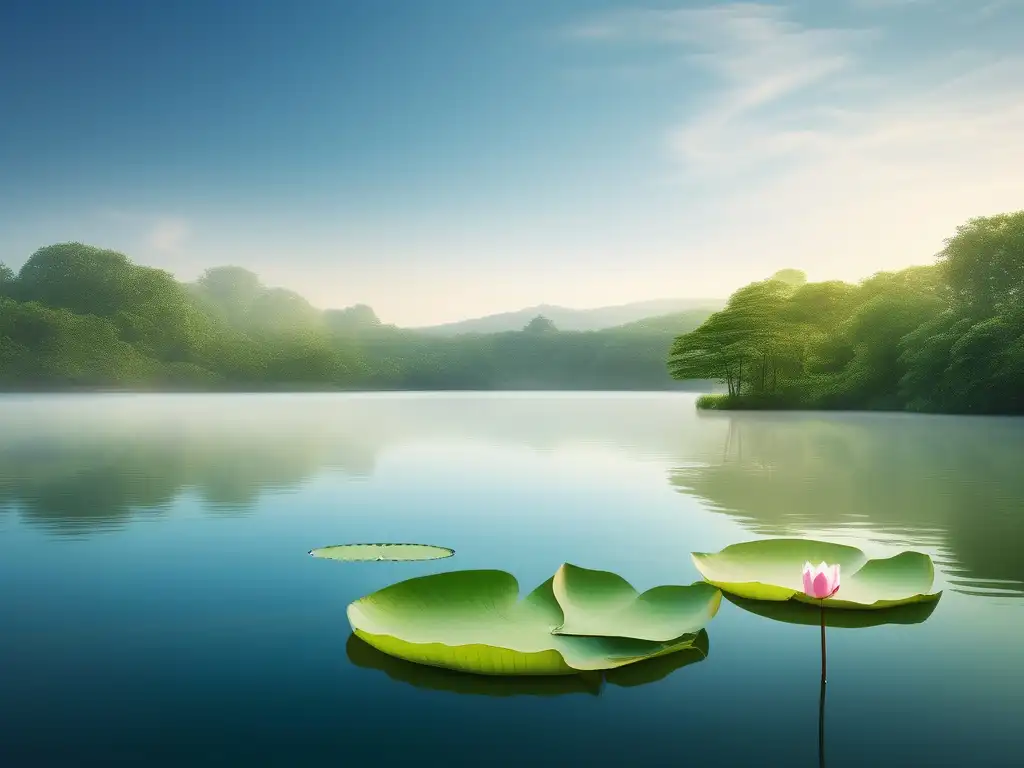 Beneficios mindfulness en enfermedades crónicas: Lago sereno, naturaleza vibrante, lotus simboliza paz interna