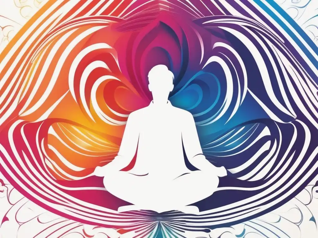 Persona en espacio blanco rodeada de colores, mejora comunicación con mindfulness