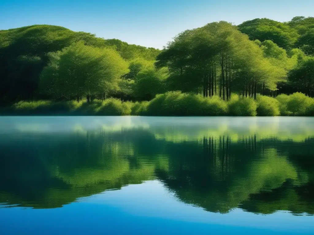 Importancia del autoconocimiento en habilidades blandas: Imagen serena de un lago rodeado de vegetación, reflejando árboles y el cielo azul