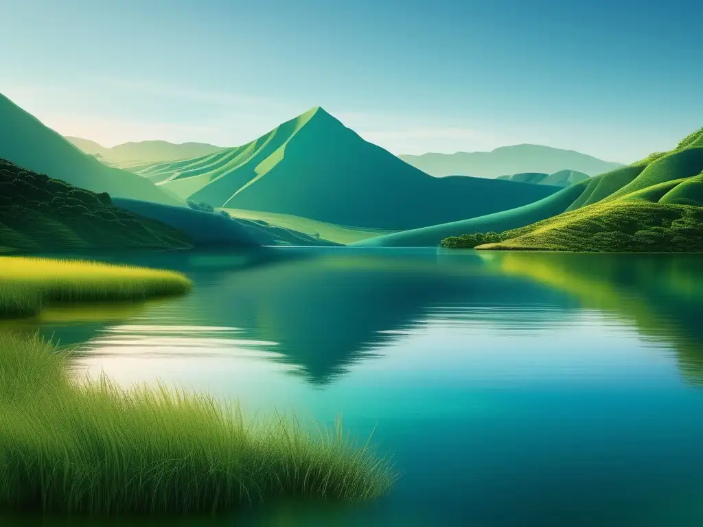 Ilustración minimalista de un lago tranquilo rodeado de montañas verdes, reflejando el cielo azul