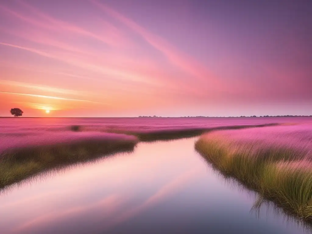 Técnicas de mindfulness para reducir estrés: Paisaje sereno y minimalista con árbol solitario y cielo pastel