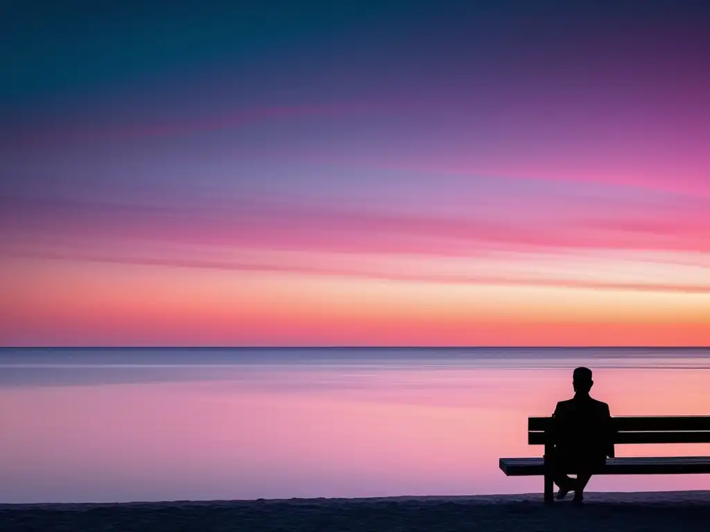 Paisaje costero al atardecer con figura solitaria reflexiva