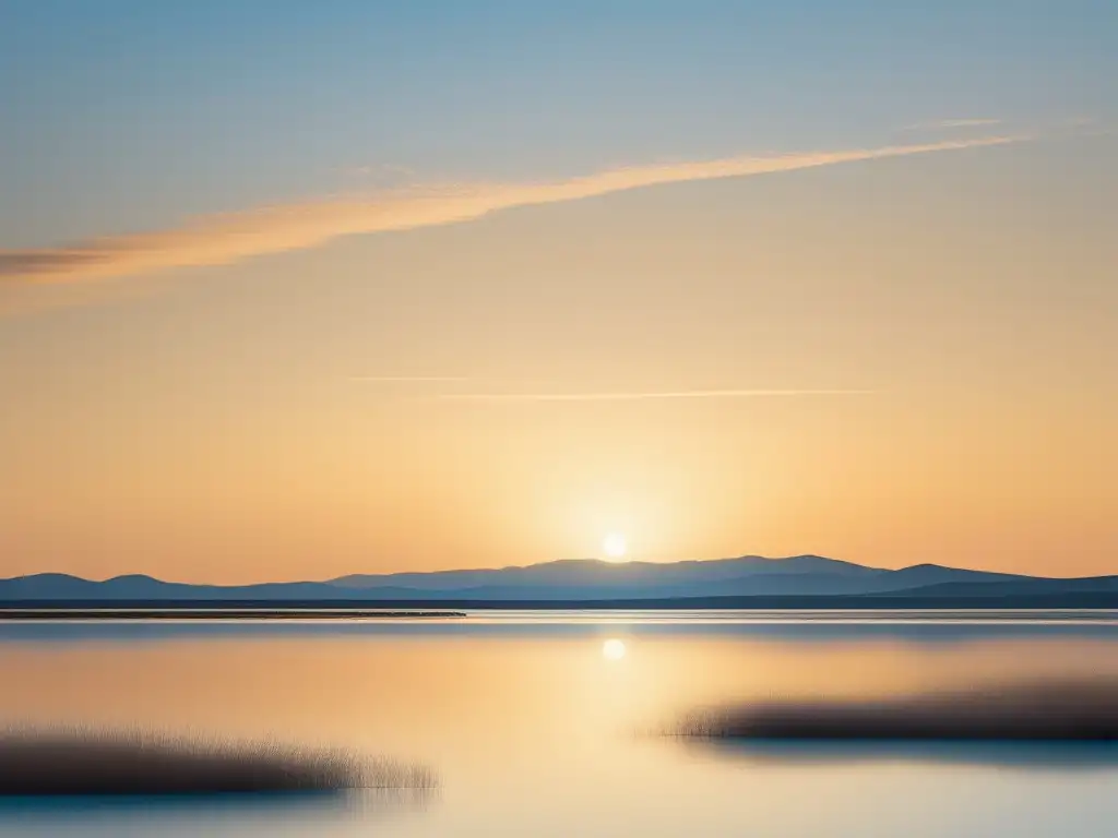 Habilidades blandas para tratar la ansiedad: paisaje azul sereno con lago reflejando puesta de sol dorada y nubes en cielo azul