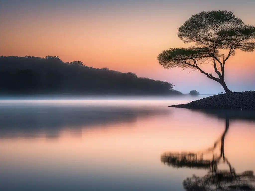 Paisaje sereno al amanecer con lago reflejando el cielo