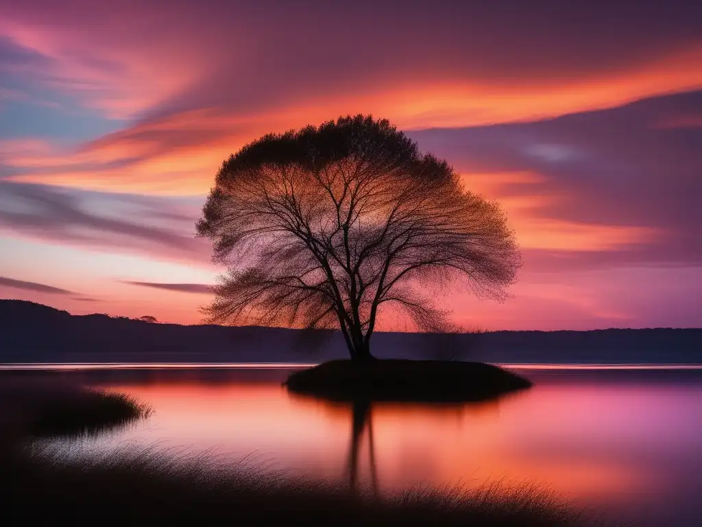 Paisaje sereno al atardecer con lago reflejando el sol y árbol solitario, evocando calma y manejo de interrupciones virtuales