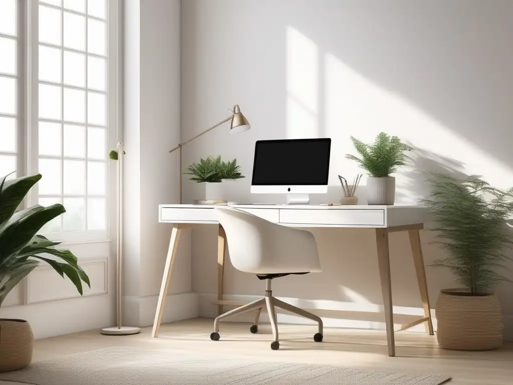 Espacio de trabajo minimalista con escritorio blanco y planta, transmitiendo tranquilidad y beneficios de la meditación en el trabajo