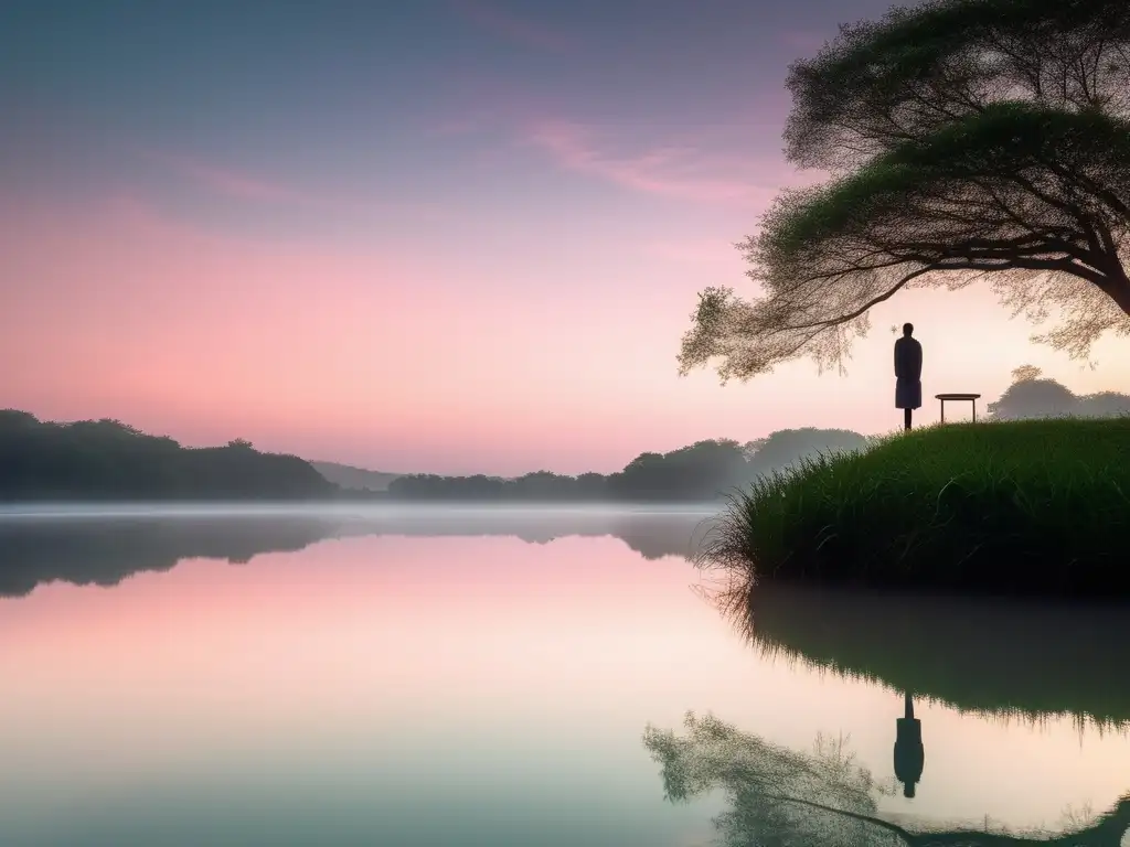 Figura solitaria en lago tranquilo y exuberante, simbolizando los beneficios del mindfulness en decisiones