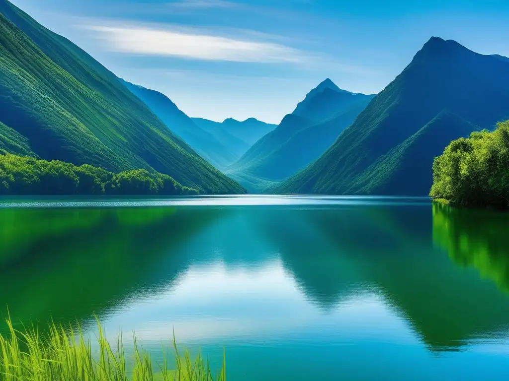 Paisaje sereno de lago rodeado de montañas verdes, transmitiendo calma y tranquilidad