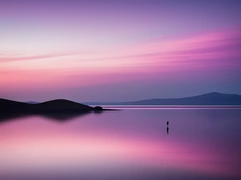 Paisaje monocromático al atardecer, figura solitaria en lago tranquilo