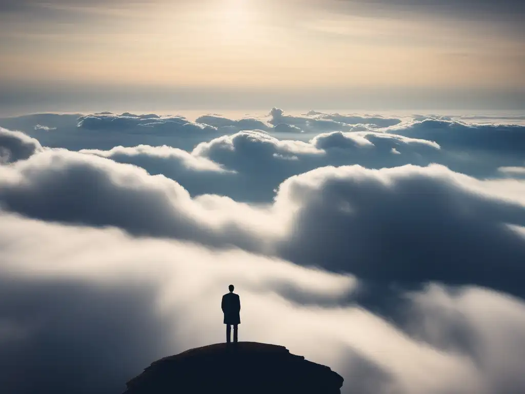 Persona en precipicio rodeada de nubes y cielo, simbolizando la importancia de habilidades blandas en decisiones estratégicas